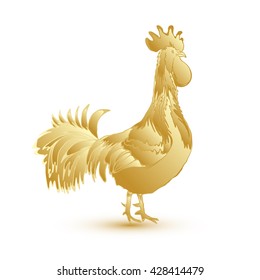 Gold metallic rooster on white background is looking at right. Hand drawing doodle with gradients. Chinese calendar Zodiac for 2017 New Year of rooster. Rooster golden silhouette. Chinese New Year. 
