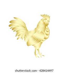 Gold metallic rooster on white background is looking at right. Hand drawing doodle with gradients. Chinese calendar Zodiac for 2017 New Year of rooster. Rooster golden silhouette. Chinese New Year. 