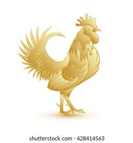 Gold metallic rooster on white background is looking at right. Hand drawing doodle with gradients. Chinese calendar Zodiac for 2017 New Year of rooster. Rooster golden silhouette. Chinese New Year. 