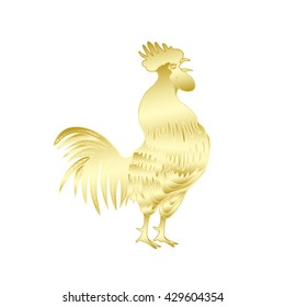 Gold metallic rooster on white background is looking at right. Hand drawing doodle with gradients. Chinese calendar Zodiac for 2017 New Year of rooster. Rooster golden silhouette. Chinese New Year. 