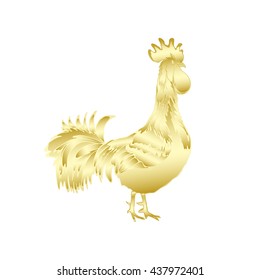 Gold metallic rooster on white background is looking at right. Hand drawing doodle with gradients. Chinese calendar Zodiac for 2017 New Year of rooster. Rooster golden silhouette. Chinese New Year. 