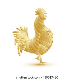 Gold metallic rooster on white background is looking at right. Hand drawing doodle with gradients. Chinese calendar Zodiac for 2017 New Year of rooster. Rooster golden silhouette. Chinese New Year. 