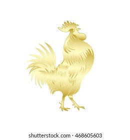 Gold metallic rooster on white background is looking at right. Hand drawing doodle with gradients. Chinese calendar Zodiac for 2017 New Year of rooster. Rooster golden silhouette. Chinese New Year. 