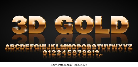 Gold metallic style 3d vector extruded font set
