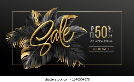 Gold metallic summer sale lettering on a black background from golden tropical leaves of plants. Vector illustration EPS10