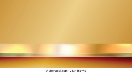 Gold Metallic table top or countertop surface texture realistic with reflection abstract background. Brushed texture, chrome, steel, aluminum for design concepts, prints, posters, wallpapers. Vector
