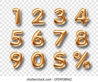 Gold Metallic Three Dimensional Numbers Isolated On Transparent Background