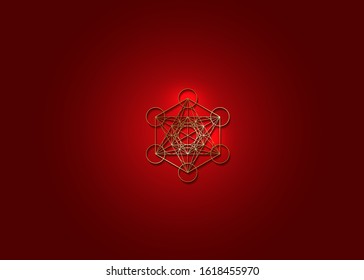 Gold Metatrons Cube,  Flower of Life. Sacred geometry, graphic element Vector isolated Illustration on red background. Mystic icon platonic solids, abstract geometric drawing, typical crop circles