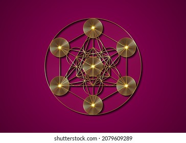 Gold Metatrons Cube, Flower of Life. Sacred geometry, graphic geometric elements. Mystic icon platonic solids, abstract geometric drawing, crop circles. Vector isolated on purple background