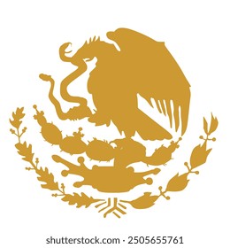 Oro México escudo de armas Vector silueta ilustración aislada. Sello emblema nacional. Escudo de armas de México con forma de sombra dorada. Águila patriótica con serpiente sonajera en pico. Pájaro orgulloso patriota.