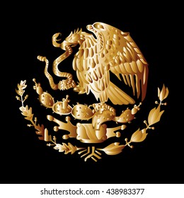Gold Mexico coat of arms vector silhouette illustration isolated. Seal national emblem. Coat of arms of Mexico golden shape shadow. Patriotic eagle with rattle snake in beak on. Patriot proud bird.