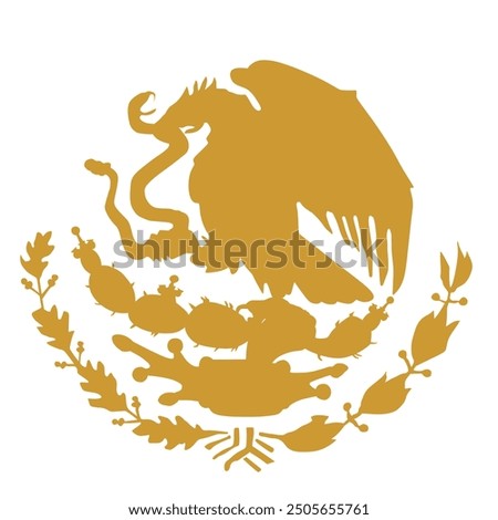 Gold Mexico coat of arms vector silhouette illustration isolated. Seal national emblem. Coat of arms of Mexico golden shape shadow. Patriotic eagle with rattle snake in beak on. Patriot proud bird.