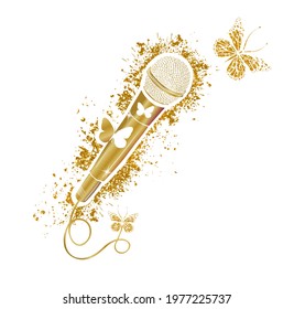 Gold microphone with beautiful shiny butterflies. Mic vector icon. Cartoon vector icon isolated on white background mic. Vector illustration