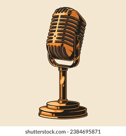 Gold microphone emblem vintage colorful to amplify voice radio host or commentator of sporting event in retro style vector illustration