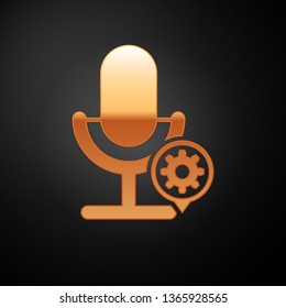 Gold Microphone and gear icon isolated on black background. Adjusting app, service concept, setting options, maintenance, repair, fixing. Vector Illustration