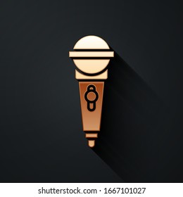 Gold Microphone icon isolated on black background. On air radio mic microphone. Speaker sign. Long shadow style. Vector Illustration