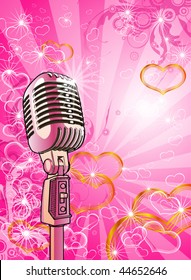 Gold microphone, pink valentines background & hearts