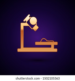 Gold Microscope icon isolated on dark blue background. Chemistry, pharmaceutical instrument, microbiology magnifying tool.  Vector Illustration