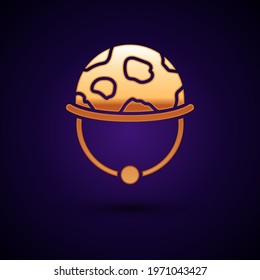Gold Military helmet icon isolated on black background. Army hat symbol of defense and protect. Protective hat.  Vector
