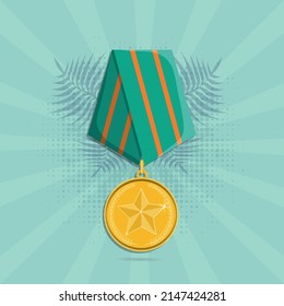 Gold Military medal with color ribbon. Winner award icon. Vector illustration.