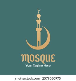 Gold minaret crescent moon on teal background symbolizing Islamic faith. Suitable for logo religious and cultural designs, backgrounds, and educational materials.