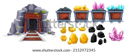 Gold mine cart set, vector old diamond wagon kit, full coil trolley, nugget truck, diamond crystal stone. Cave entrance, gray rock, iron rail, game mountain minerals collection. Gold mine treasure