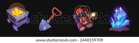 Gold mine design elements set isolated on black background. Vector cartoon illustration of wooden cart with sparkling golden stones, mining shovel, dynamite, blue mineral crystals, game ui assets