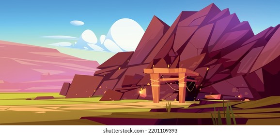 Gold mine entrance at nature landscape, outside cave view with golden shiny ingots and nuggets in rocks and stone shaft walls. Game scene, cartoon background, mining quarry, 2d Vector illustration