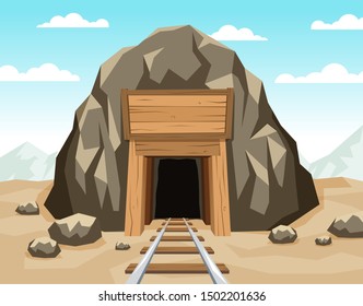 Gold mine entrance with rails in the rock. Tunnel shaft with wooden supports. Vector illustration.