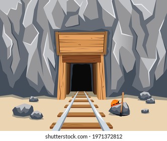 Gold mine entrance with rails. Rock with shaft. Vector illustration.