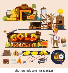 Gold mine with graphic elements. Miner character design. gold rush concept - vector illustration