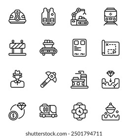 Conjunto de iconos de mina de oro. Incluye barrera, transportador, casco, púa, tren, chaleco, y más. ouline iconos Vector colección.
