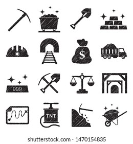 Gold Mine Icons. Black Scribble Design. Vector Illustration.