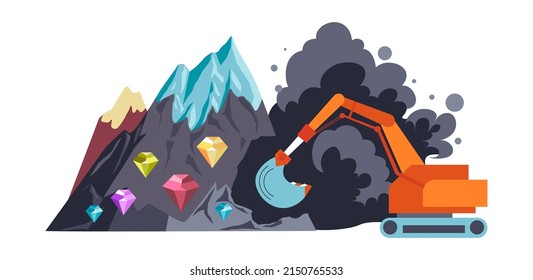 Gold mine mountain with cave and natural resources deposit. Isolated excavation process of finding gemstones and jewelry. Diamond and brilliant, ore and wealthy metal heap. Vector in flat style