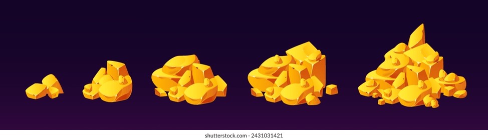 Gold mine nugget piles of different size - small and big stacks of golden raw gemstone. Cartoon vector illustration set of yellow glossy shining treasure rock. Precious metal blocks for game ui design