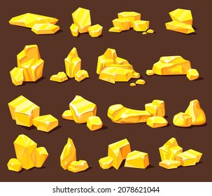 Gold mine nuggets. Gemstones pile, piled golden gem stones and rocks, mining material heap, game currency, solid ore, natural treasures, cartoon neat vector icon. Illustration of gold stone after mine