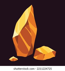 Gold Mine Nuggets. Precious Ore Mining Object. Golden Game UI Stone Kit, Cartoon Treasure Amber Rock Isolated On Black. Vector Icon Of Polygon Boulder, Yellow Metal