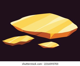 Gold mine nuggets. Precious ore mining object. Golden game UI stone kit, cartoon treasure amber rock isolated on black. Vector icon of polygon boulder, yellow metal