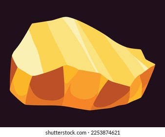 Gold mine nuggets. Precious ore mining object. Golden game UI stone kit, cartoon treasure amber rock isolated on black. Vector icon of polygon boulder, yellow metal