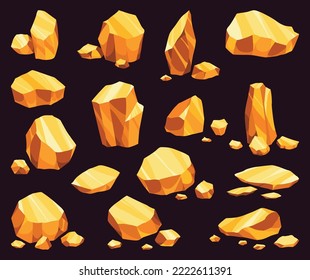 Nuggets de la mina de oro. Juego de iconos vectoriales, juego dorado kit de piedra UI, tesoro de dibujos animados de color ámbar rock aislado en negro. Colección de objetos de minería de minerales preciosos