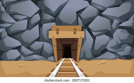 Gold mine with rails and wooden floors. Stone rock. Vector illustration.