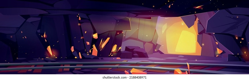 Gold mine tunnel inside view, cave with railway, golden shine, precious ingots and nuggets in rocks and stone shaft walls. Cartoon game background, mining quarry lndscape, 2d Vector illustration