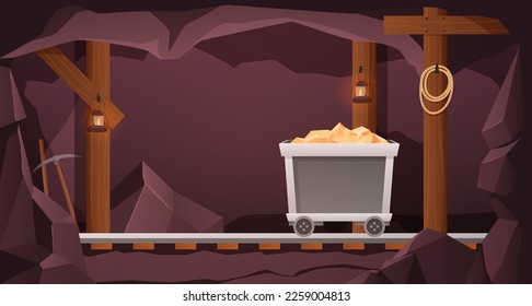 Gold mine tunnel. Trolley with gold nuggets in old mining cave interior cartoon vector background illustration. Hard work, extracting precious stone, metal construction for transportation