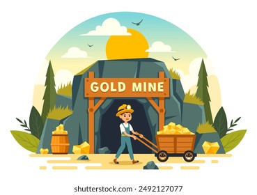 Gold Mine Vector Illustration with Mining Industry Activity Featuring Treasure, Piles of Coins, Jewelry, and Gems in a Flat Style Cartoon Background