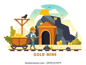 Gold Mine Vector Illustration with Mining Industry Activity Featuring Treasure, Piles of Coins, Jewelry, and Gems in a Flat Style Cartoon Background