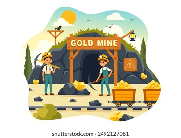 Gold Mine Vector Illustration with Mining Industry Activity Featuring Treasure, Piles of Coins, Jewelry, and Gems in a Flat Style Cartoon Background