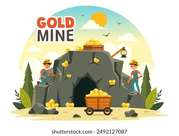 Gold Mine Vector Illustration with Mining Industry Activity Featuring Treasure, Piles of Coins, Jewelry, and Gems in a Flat Style Cartoon Background