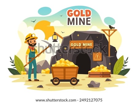Gold Mine Vector Illustration with Mining Industry Activity Featuring Treasure, Piles of Coins, Jewelry, and Gems in a Flat Style Cartoon Background