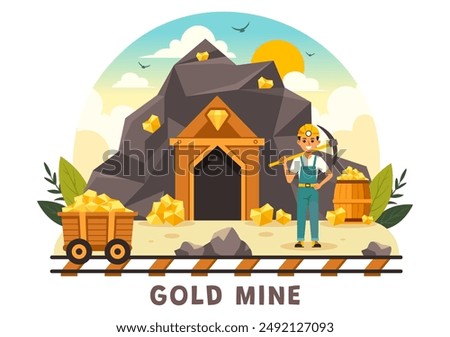 Gold Mine Vector Illustration with Mining Industry Activity Featuring Treasure, Piles of Coins, Jewelry, and Gems in a Flat Style Cartoon Background