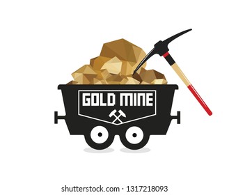 Gold mine wagon. Trolley with gold.